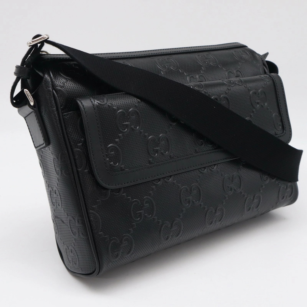 Gucci GG embossed leather messenger bag shoulder black calf